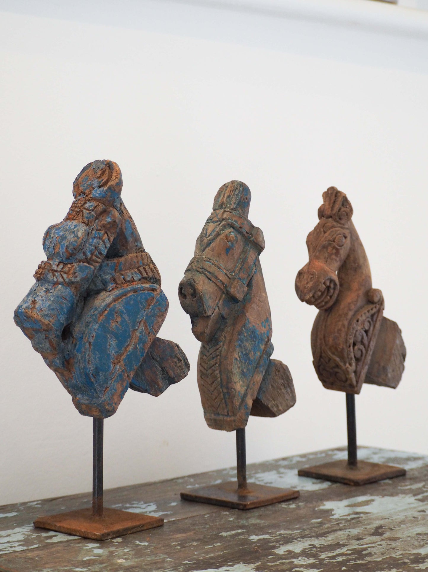 Antique Indian Hand-Carved Wooden Horses Heads on Stand / Blue Paint (Sold Individually)