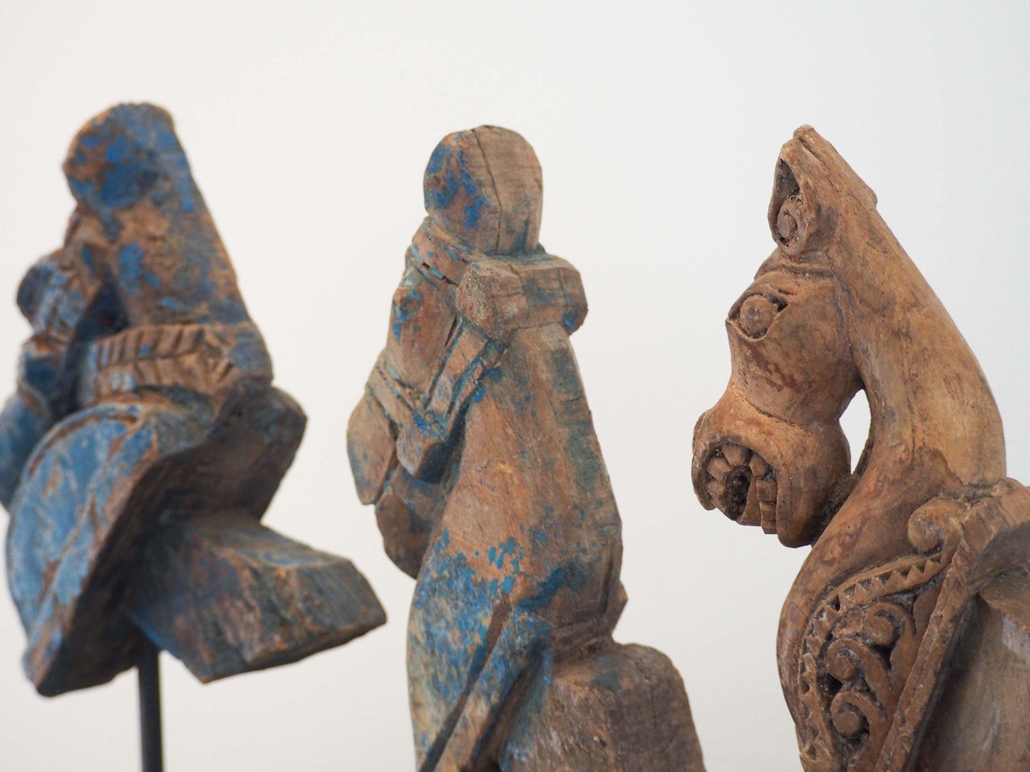 Antique Indian Hand-Carved Wooden Horses Heads on Stand / Blue Paint (Sold Individually)