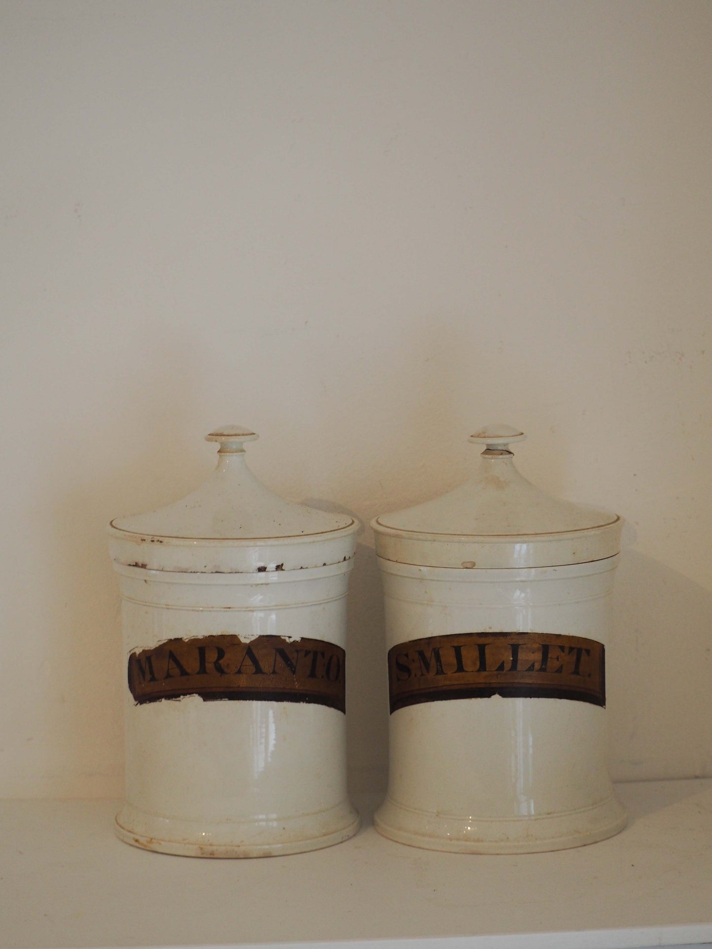 Pair of Vintage / Antique Large White Porcelain Apothecary Chemist Bottles With Original Labels