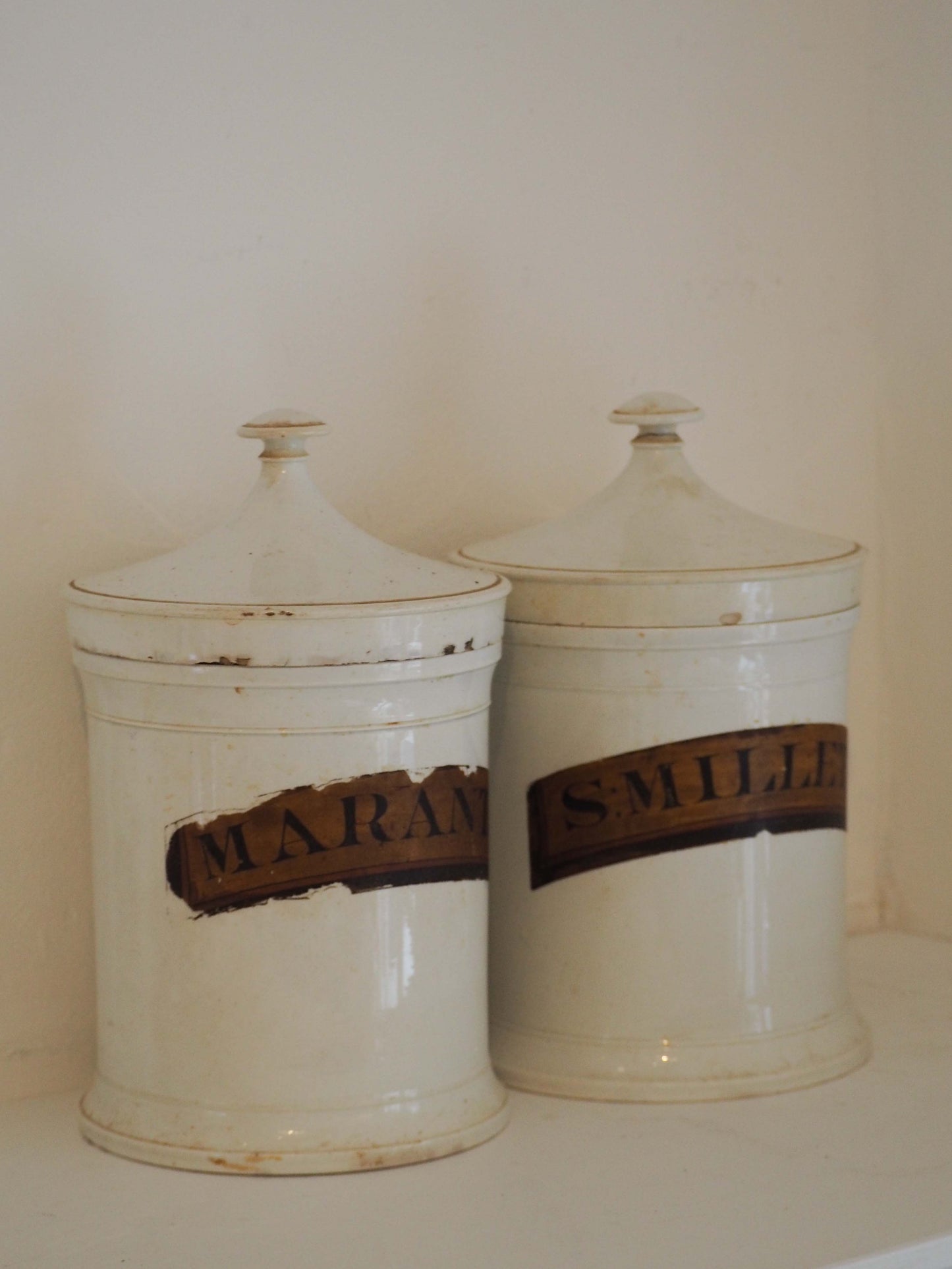 Pair of Vintage / Antique Large White Porcelain Apothecary Chemist Bottles With Original Labels