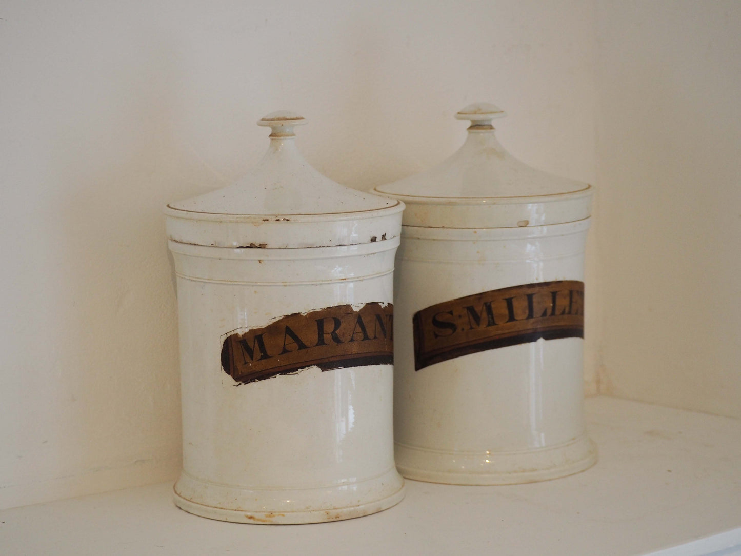 Pair of Vintage / Antique Large White Porcelain Apothecary Chemist Bottles With Original Labels