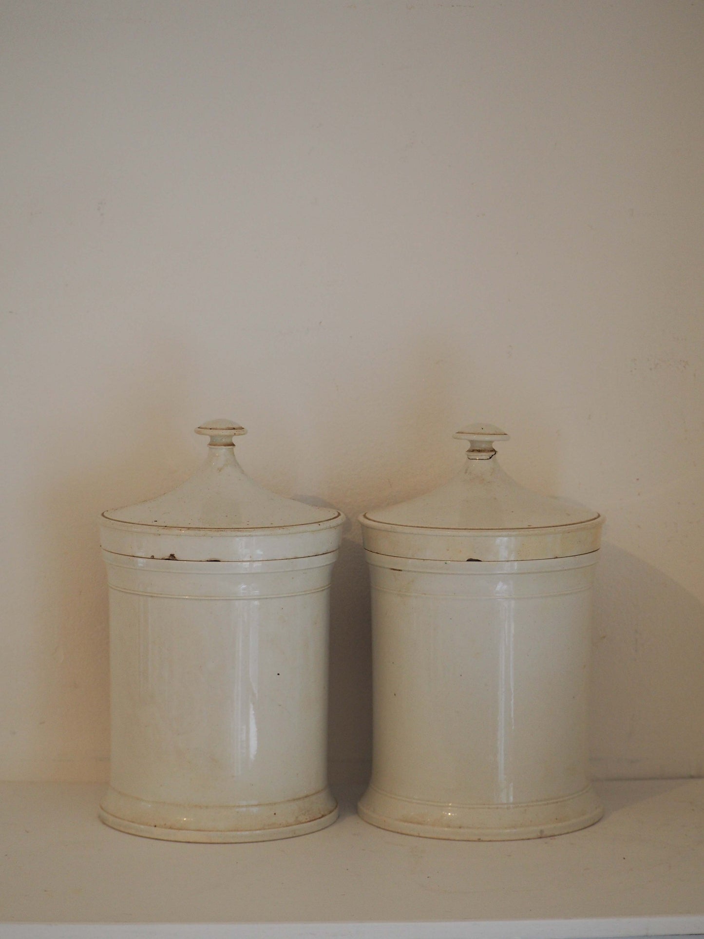 Pair of Vintage / Antique Large White Porcelain Apothecary Chemist Bottles With Original Labels