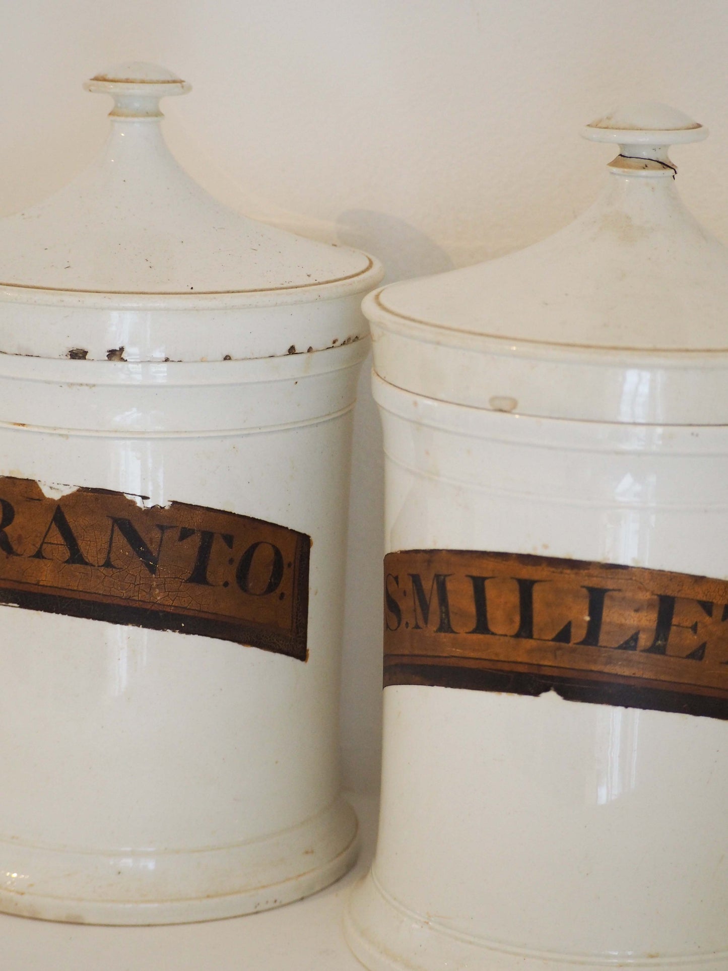 Pair of Vintage / Antique Large White Porcelain Apothecary Chemist Bottles With Original Labels
