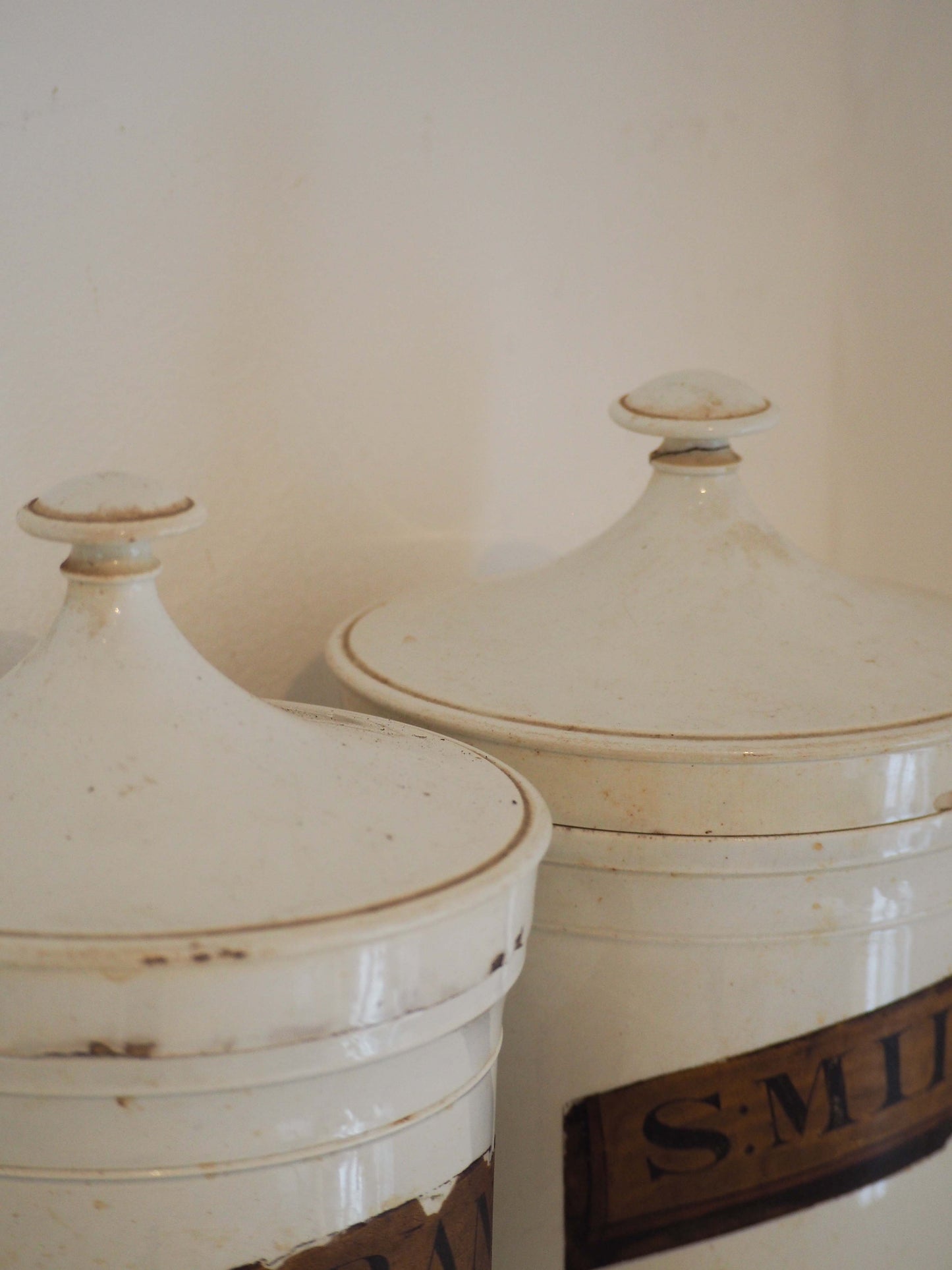 Pair of Vintage / Antique Large White Porcelain Apothecary Chemist Bottles With Original Labels
