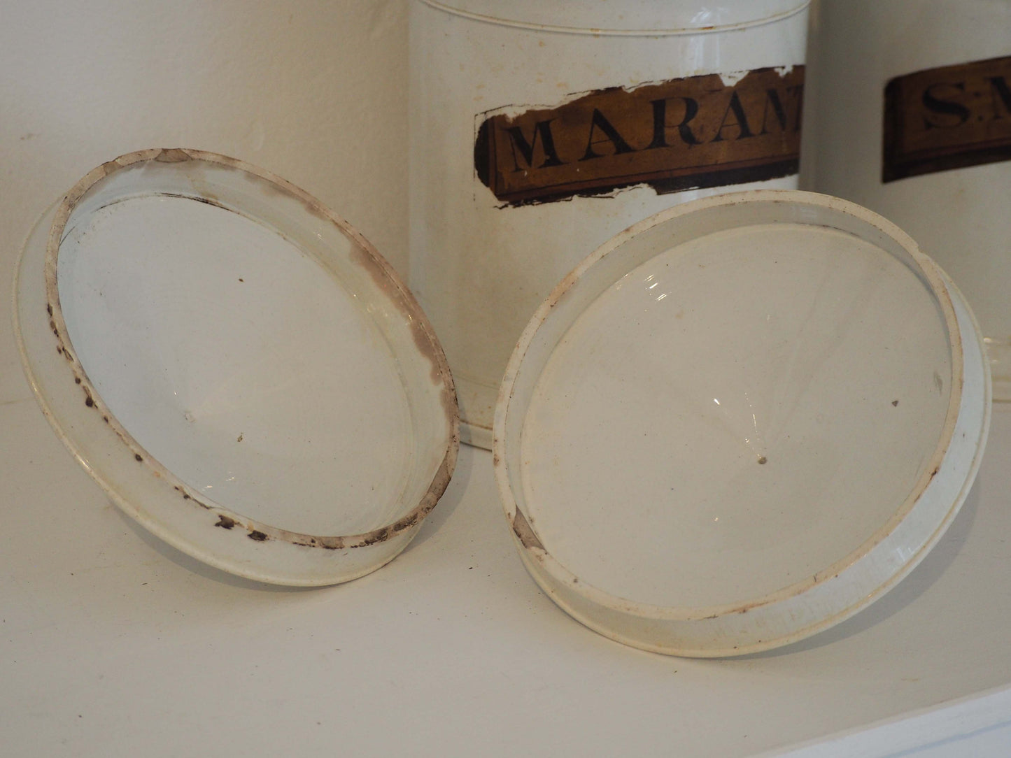 Pair of Vintage / Antique Large White Porcelain Apothecary Chemist Bottles With Original Labels