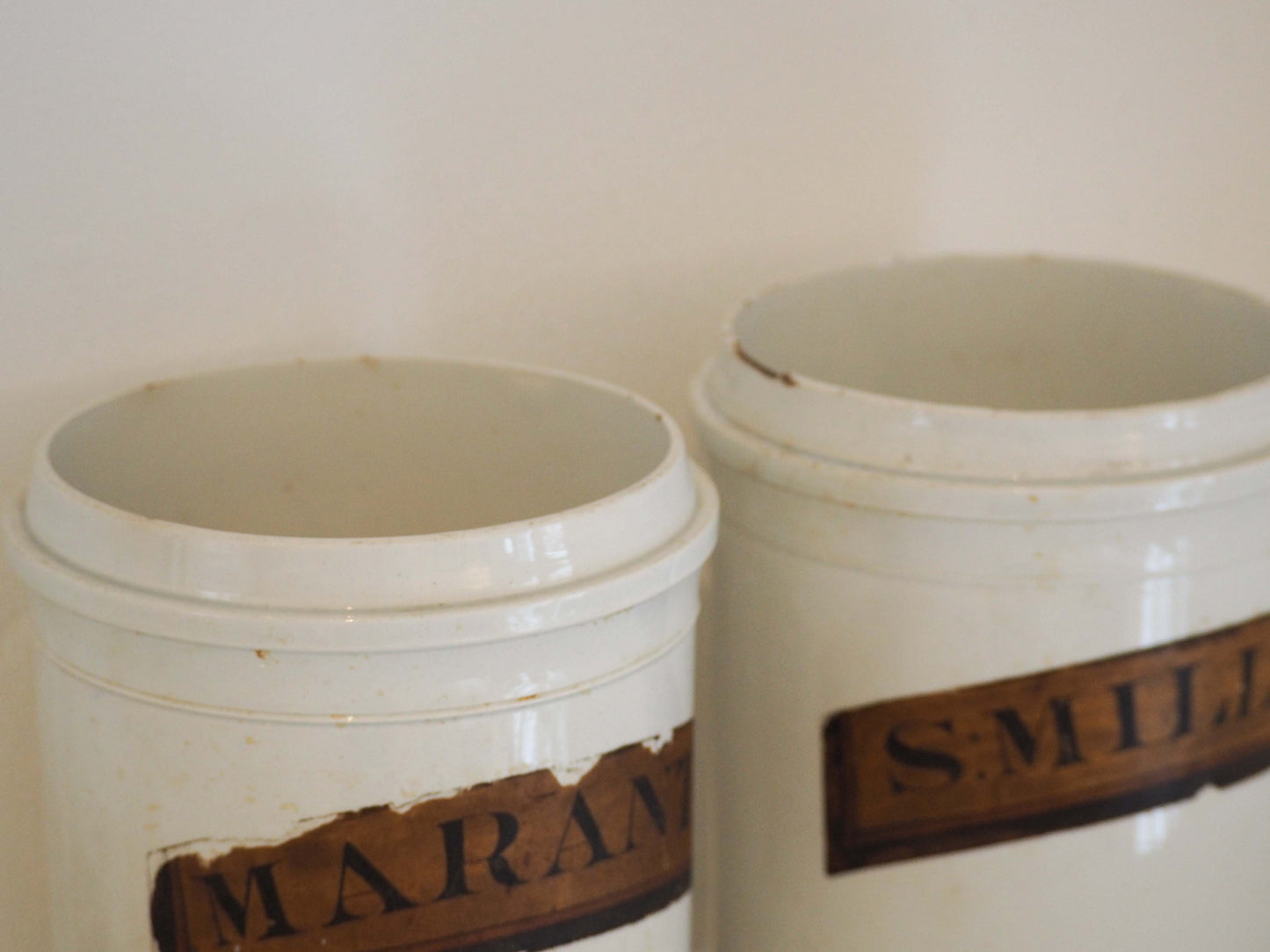 Pair of Vintage / Antique Large White Porcelain Apothecary Chemist Bottles With Original Labels