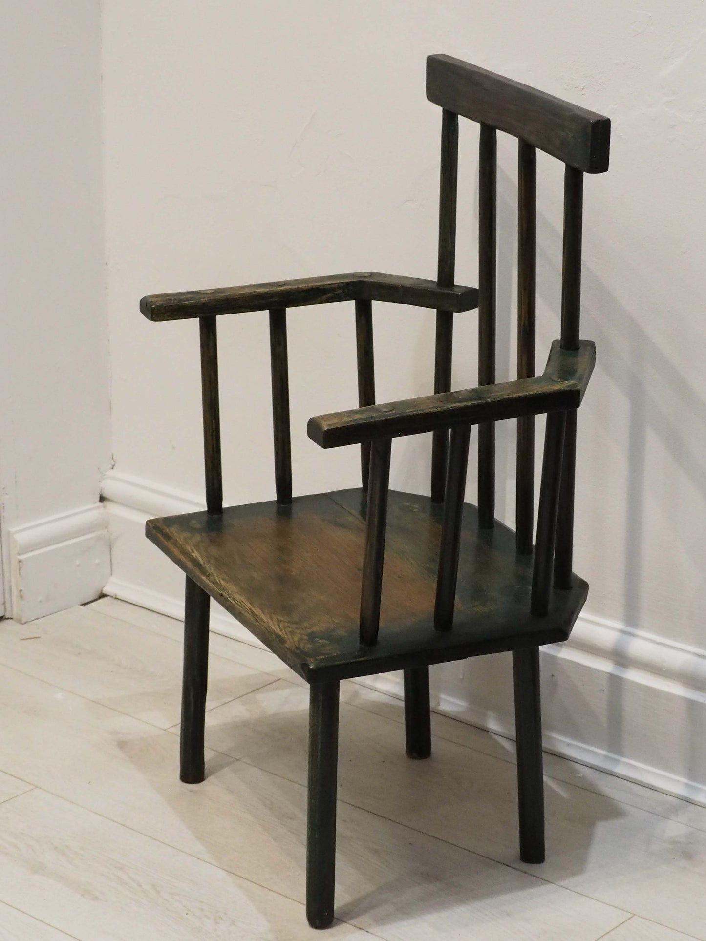 Vintage Antique Small Stick Back Style Wooden Chair With Green Paint