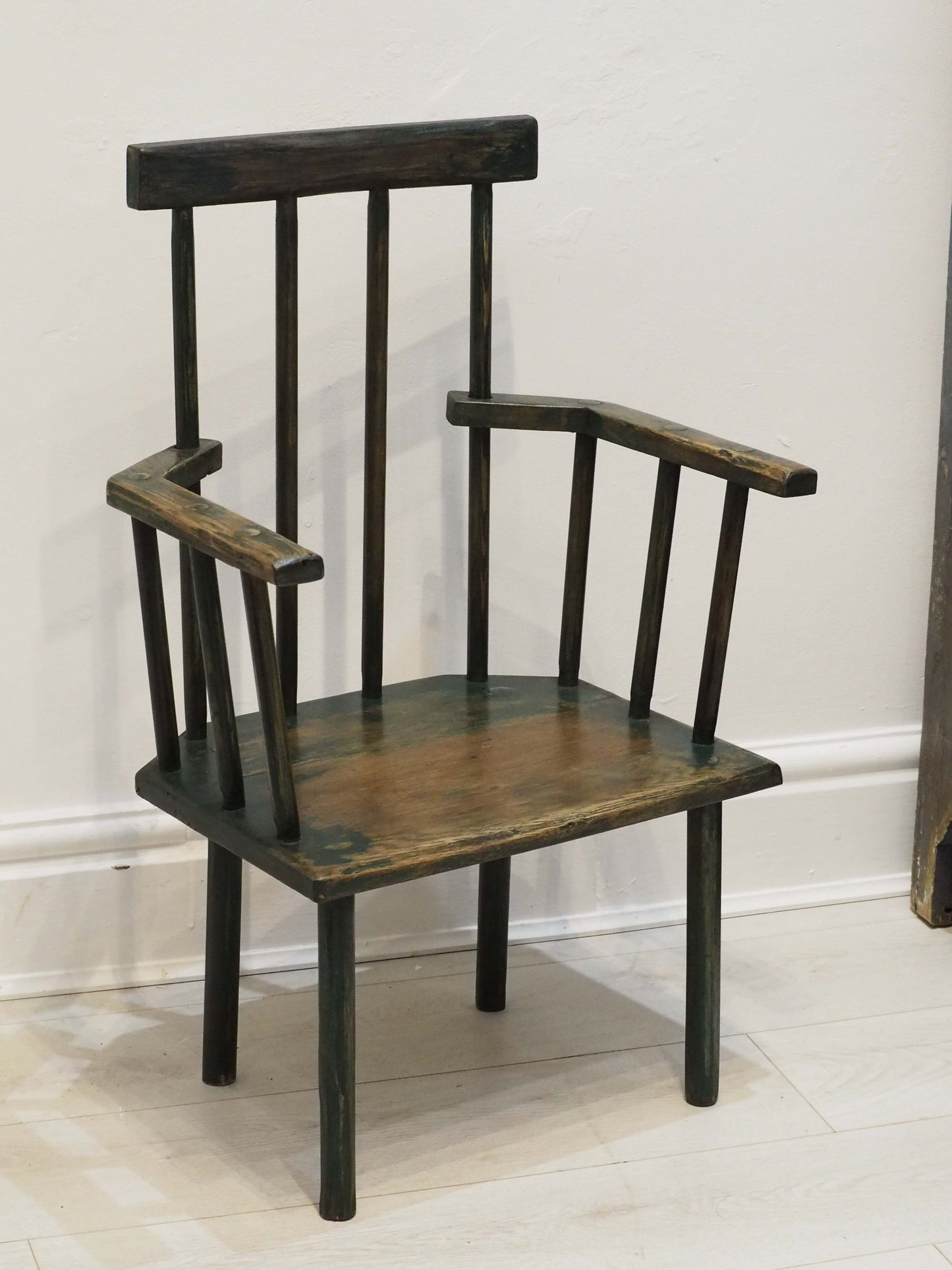 Vintage Antique Small Stick Back Style Wooden Chair With Green Paint