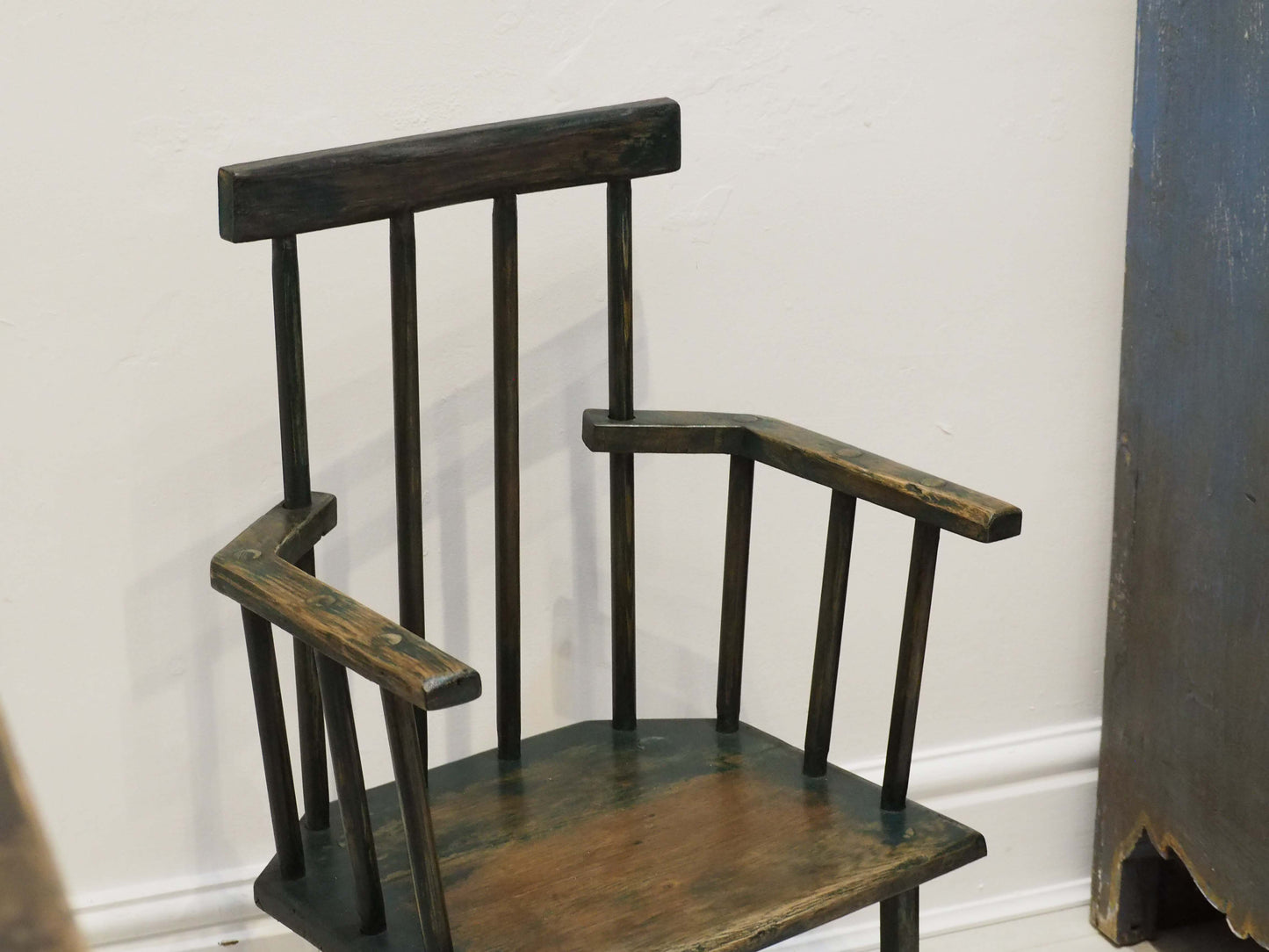 Vintage Antique Small Stick Back Style Wooden Chair With Green Paint