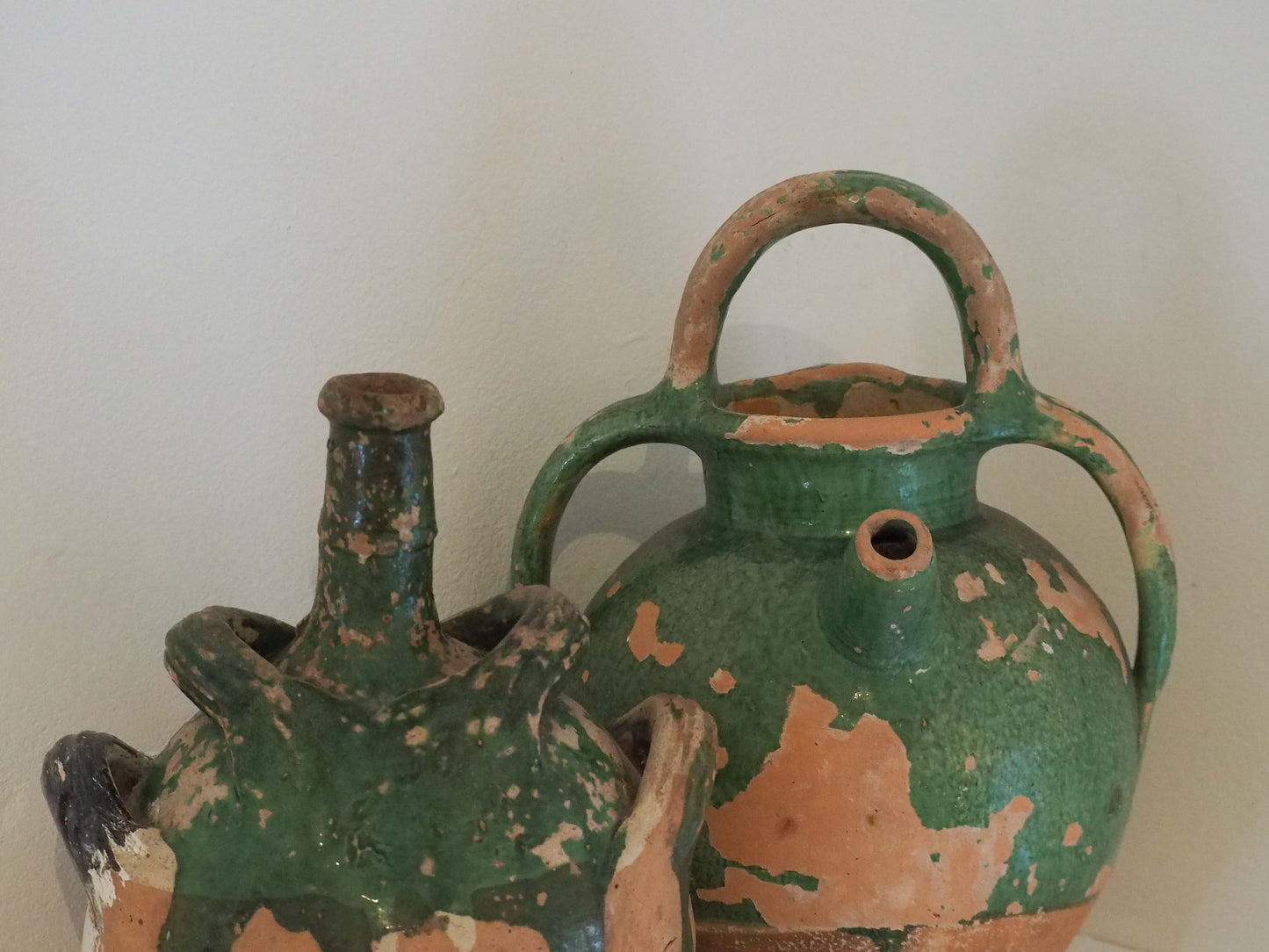 Antique French Green Glazed Terracotta Jug with Spout & Handles / Decorative Pot (Sold Individually)