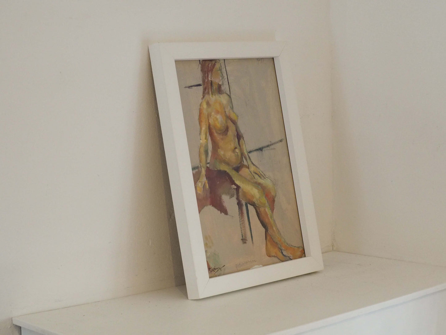 Original Painting by Wirral Artist Derek King in White Frame / Nude Figure Art / Decorative Wall Art
