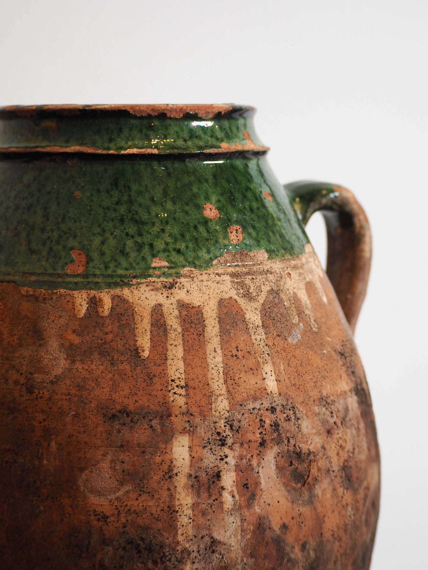 Antique Vintage Turkish Terracotta Olive Jar / Green Glazed Handle Pot