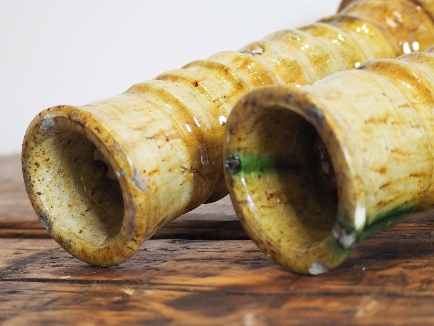 Pair of Antique Authentic Moroccan Tamegroute Yellow Tower Candle Holders