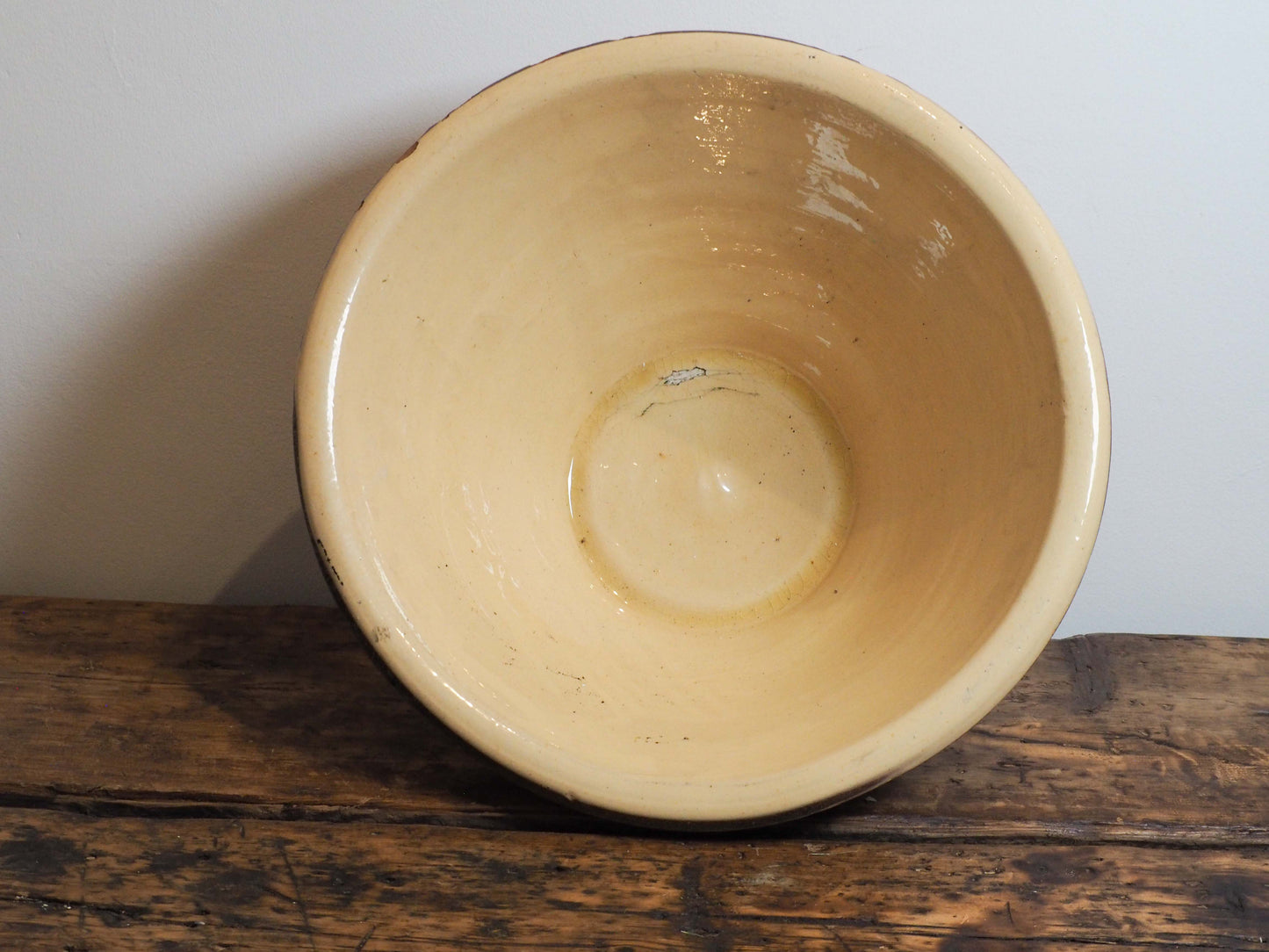 Large Vintage Antique Original Cream Glazed French Terracotta Dairy Bowl