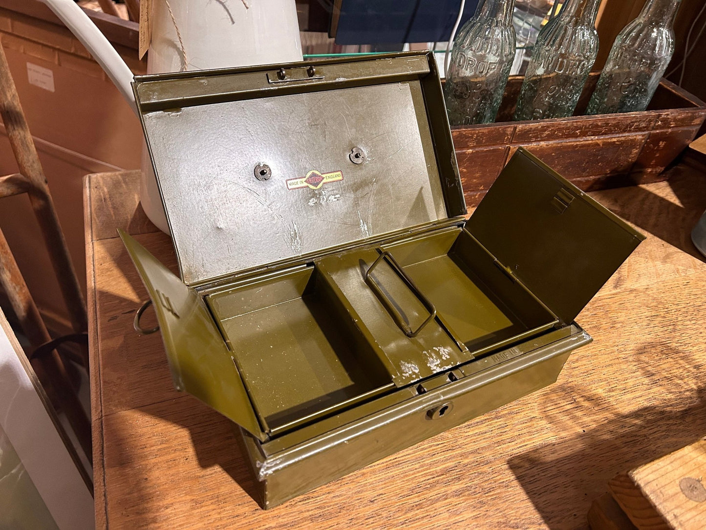 Vintage Criterion Made in England Military Green Metal Cash Box with TrayDust CollectorsDust Collectors
