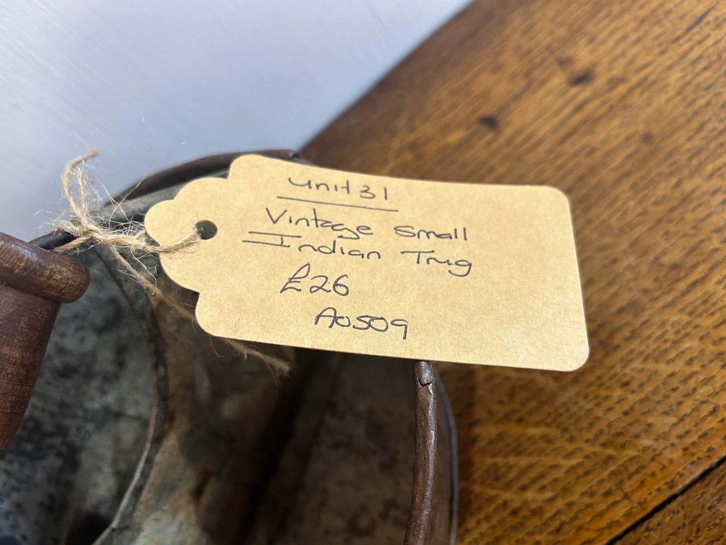 Small Vintage Indian Metal Trug with Wooden Handle