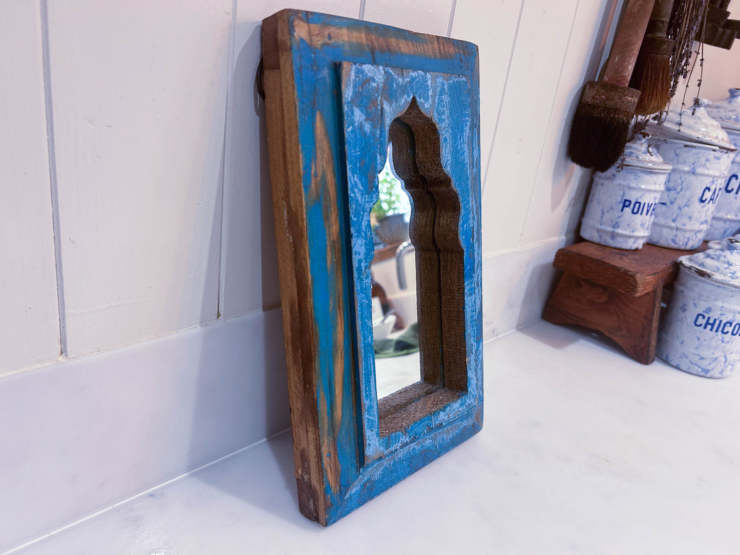 Antique Indian Wooden Temple Mirror Wall Decor