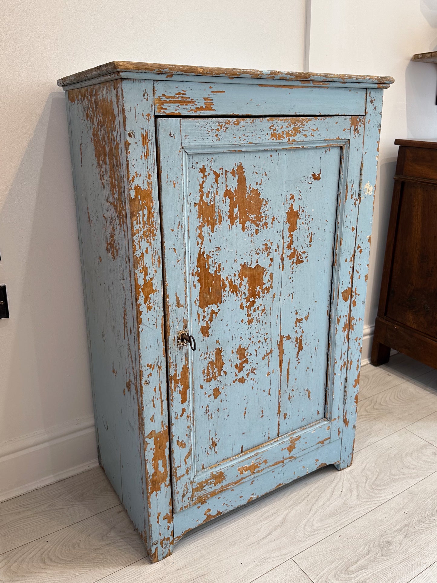 Vintage French Rustic Distressed Blue Painted Pine Cupboard / Pantry Cabinet