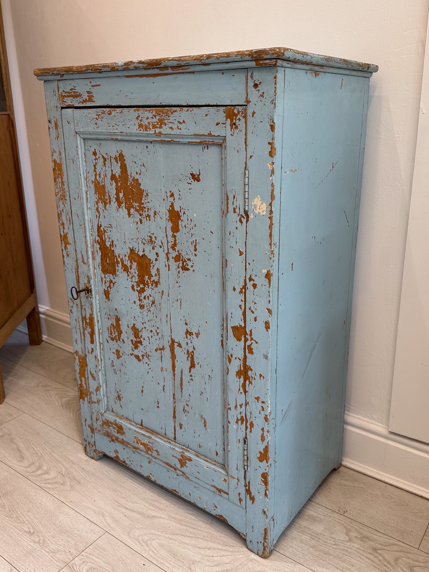 Vintage French Rustic Distressed Blue Painted Pine Cupboard / Pantry Cabinet