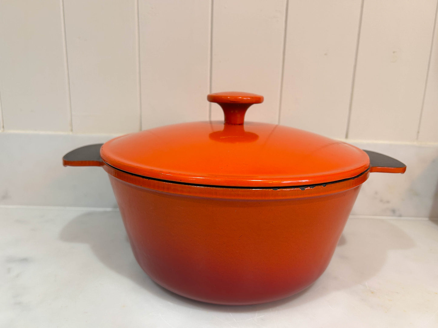 Vintage French Orange Cast Iron Cooking Pot Pan with Lid and Handles