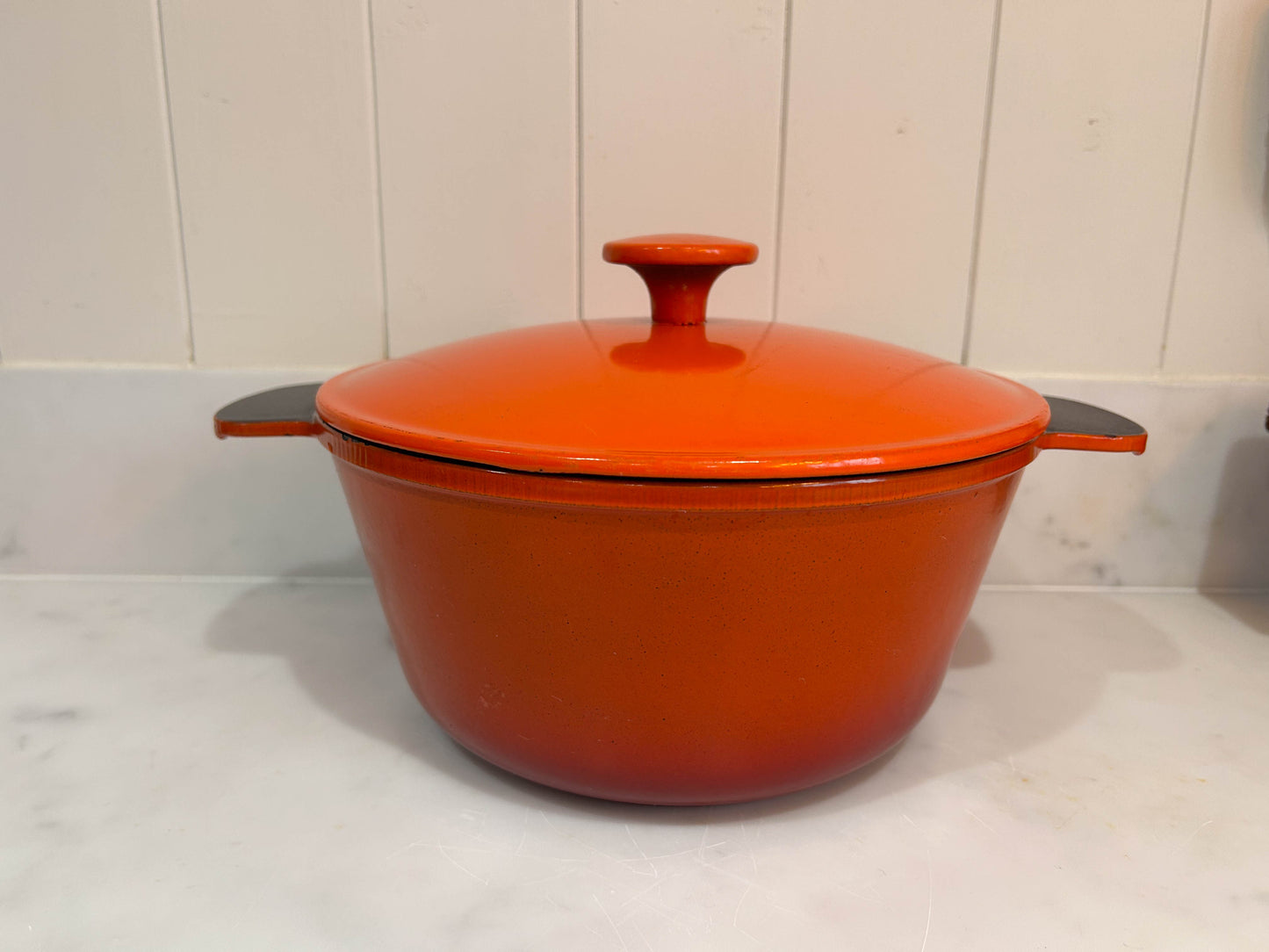 Vintage French Orange Cast Iron Cooking Pot Pan with Lid and Handles