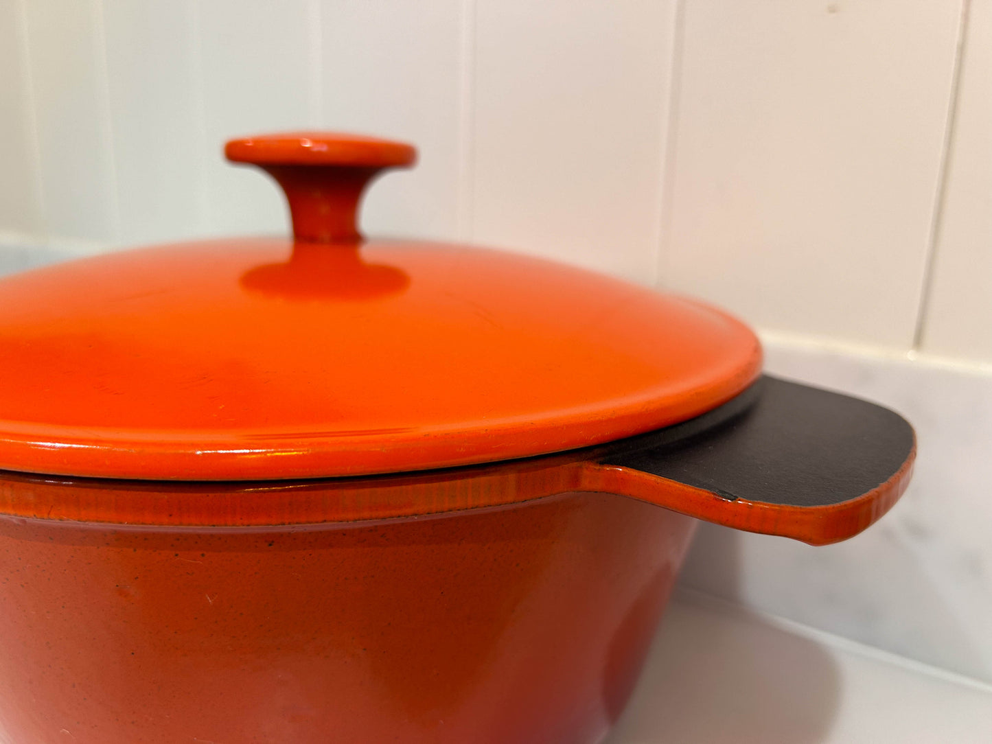 Vintage French Orange Cast Iron Cooking Pot Pan with Lid and Handles