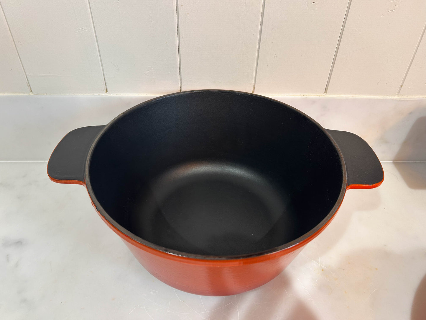 Vintage French Orange Cast Iron Cooking Pot Pan with Lid and Handles