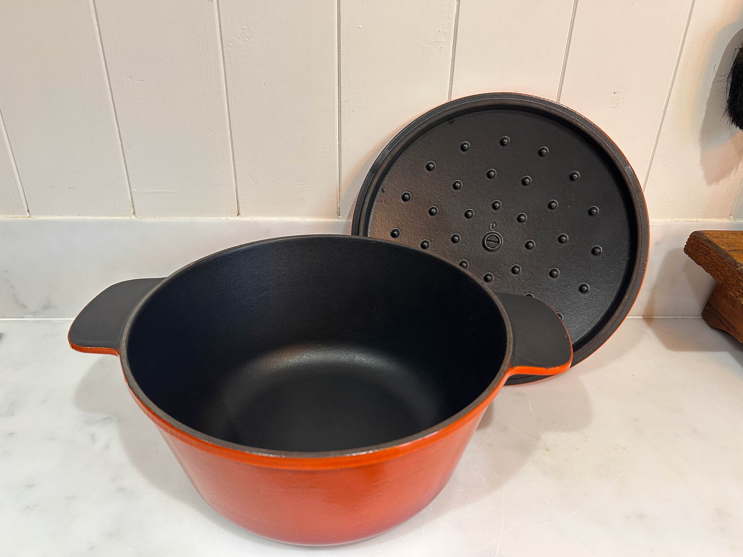 Vintage French Orange Cast Iron Cooking Pot Pan with Lid and Handles