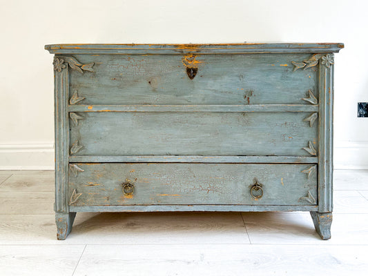 Antique 19th Century Gustavian Chest in Distressed Blue / Swedish Bedroom Furniture