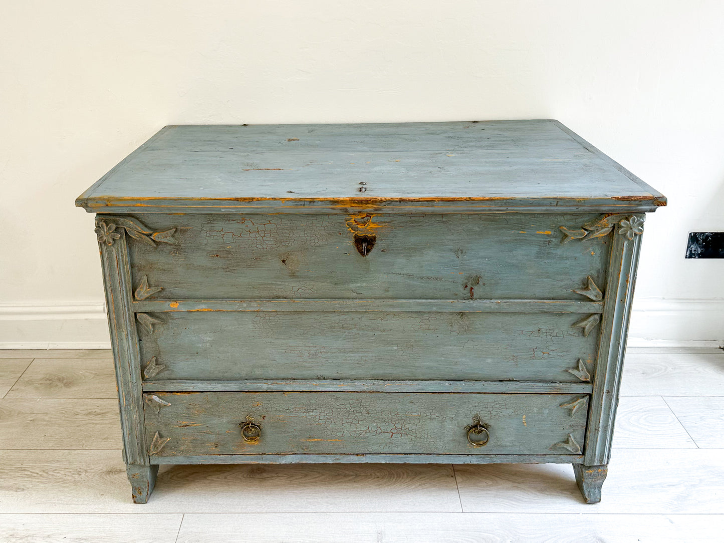 Antique 19th Century Gustavian Chest in Distressed Blue / Swedish Bedroom Furniture