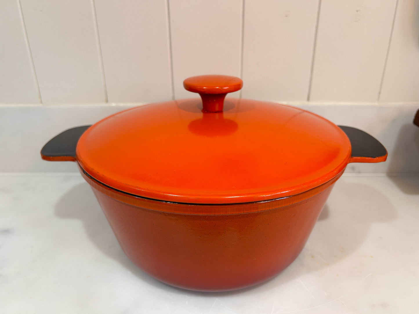 Vintage French Orange Cast Iron Cooking Pot Pan with Lid and Handles