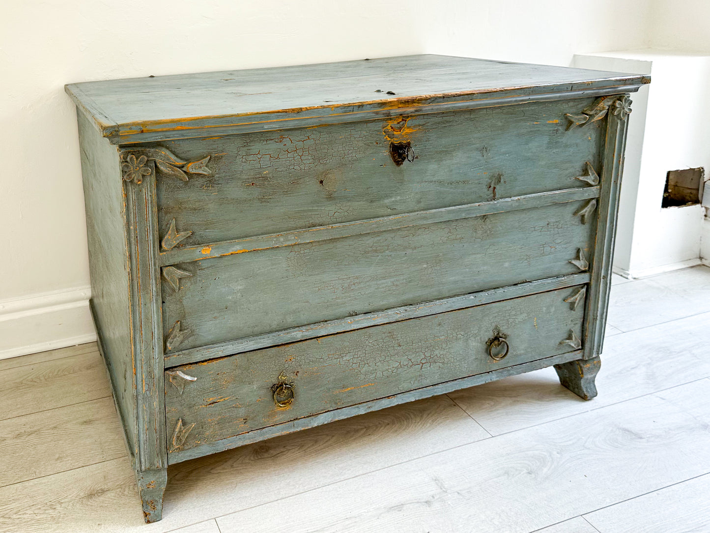 Antique 19th Century Gustavian Chest in Distressed Blue / Swedish Bedroom Furniture