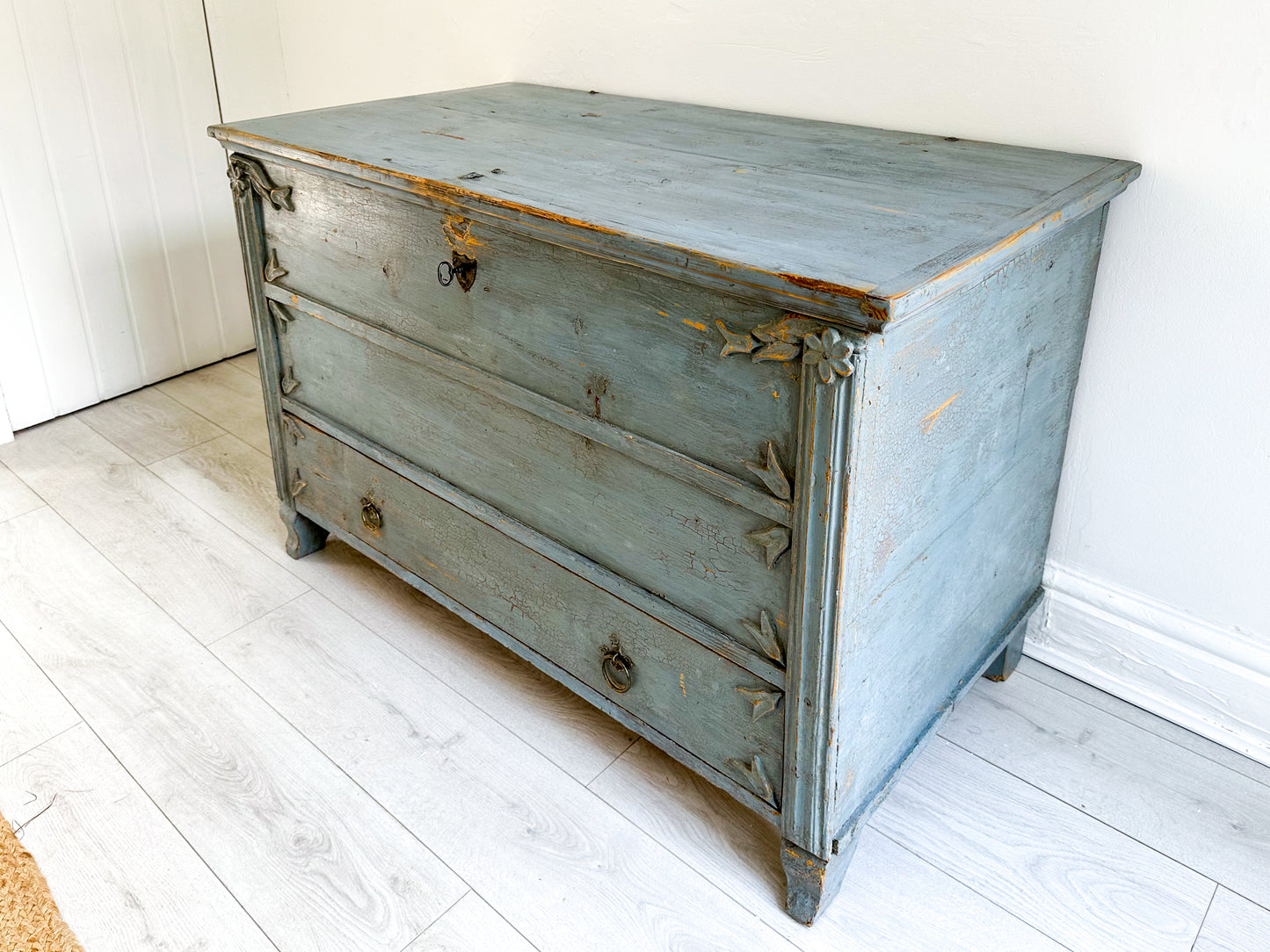 Antique 19th Century Gustavian Chest in Distressed Blue / Swedish Bedroom Furniture