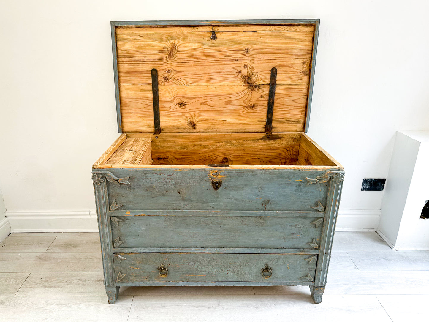 Antique 19th Century Gustavian Chest in Distressed Blue / Swedish Bedroom Furniture