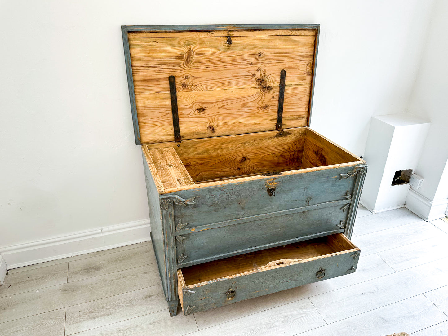 Antique 19th Century Gustavian Chest in Distressed Blue / Swedish Bedroom Furniture