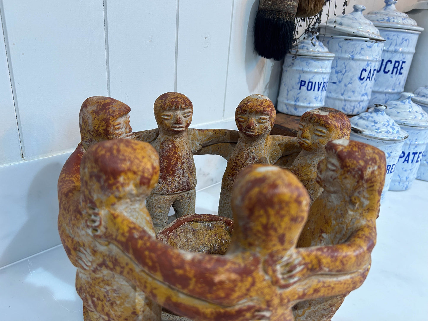 Vintage Mexican Circle of Seven Friends Candle Holder Pottery Figures Art Clay