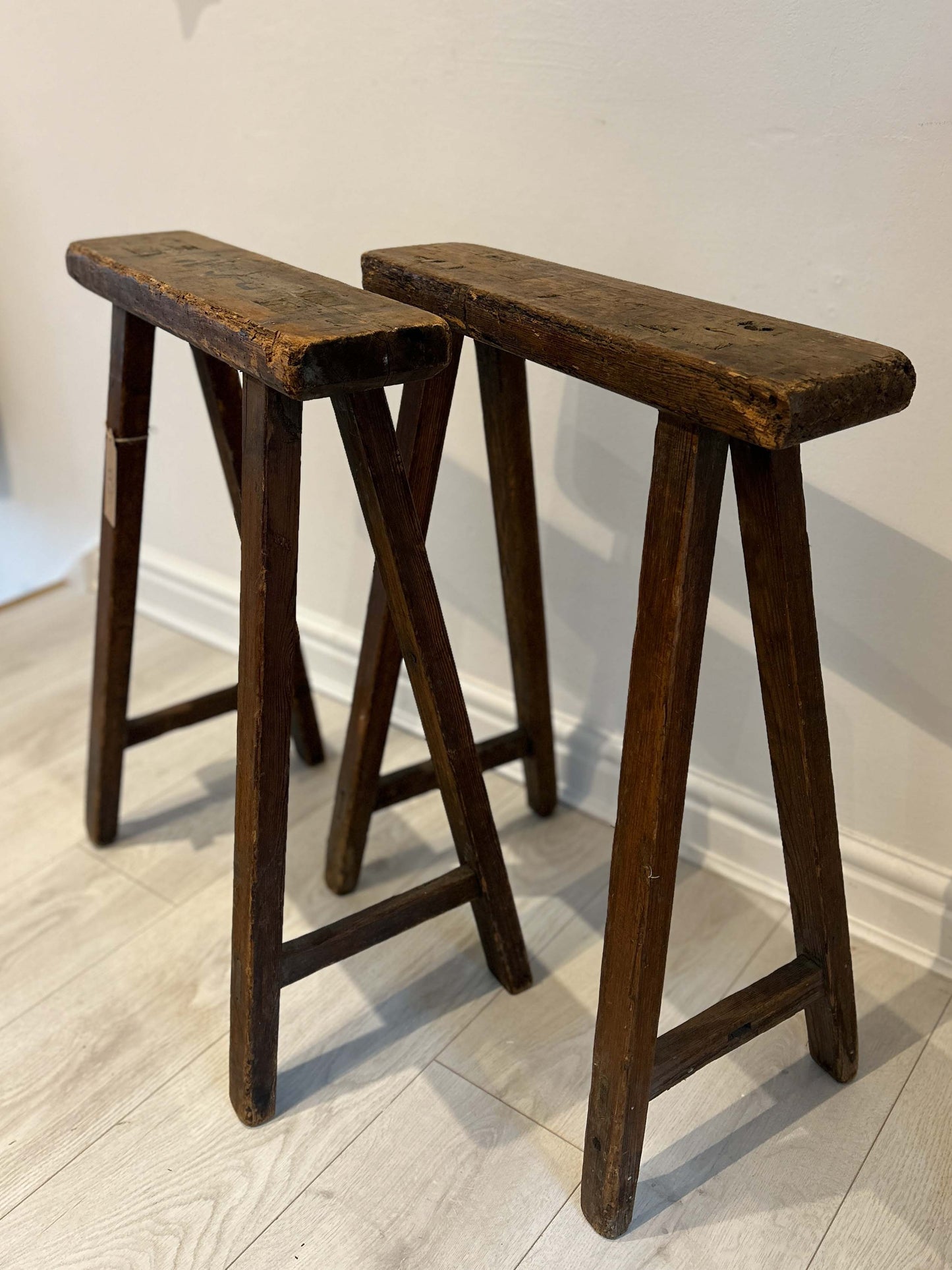 Antique Pair of Pine Coffin Stands / Trestles / Decorative Furniture