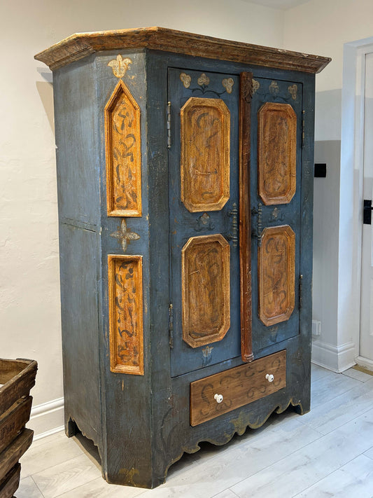 Antique Vintage Hand Painted Plaster On Pine East European Marriage Wardrobe