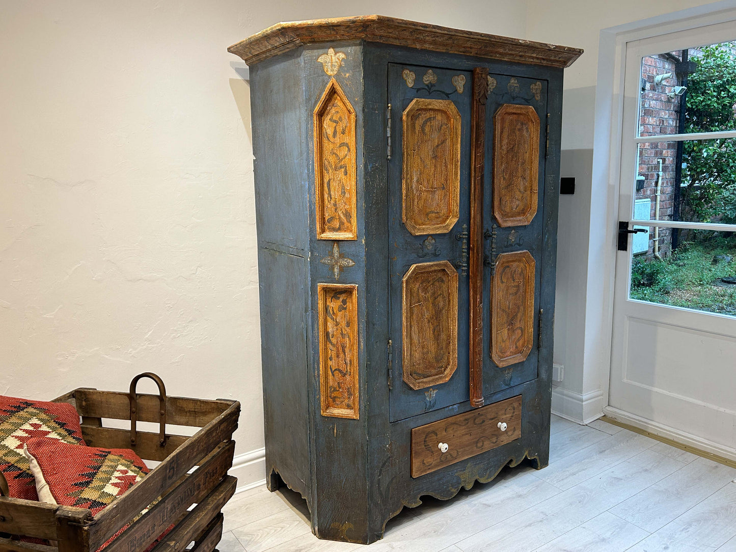 Antique Vintage Hand Painted Plaster On Pine East European Marriage Wardrobe