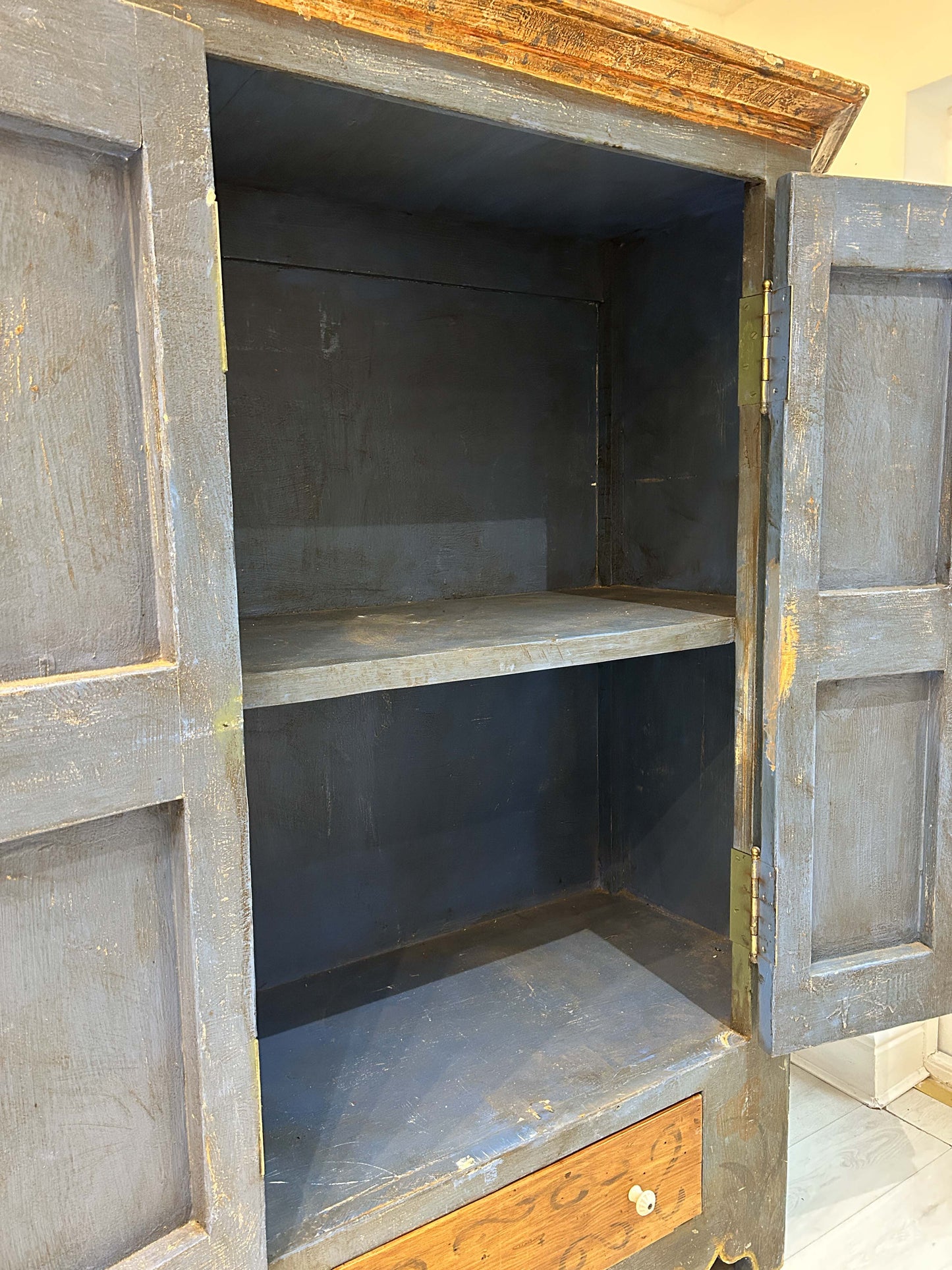 Antique Vintage Hand Painted Plaster On Pine East European Marriage Wardrobe