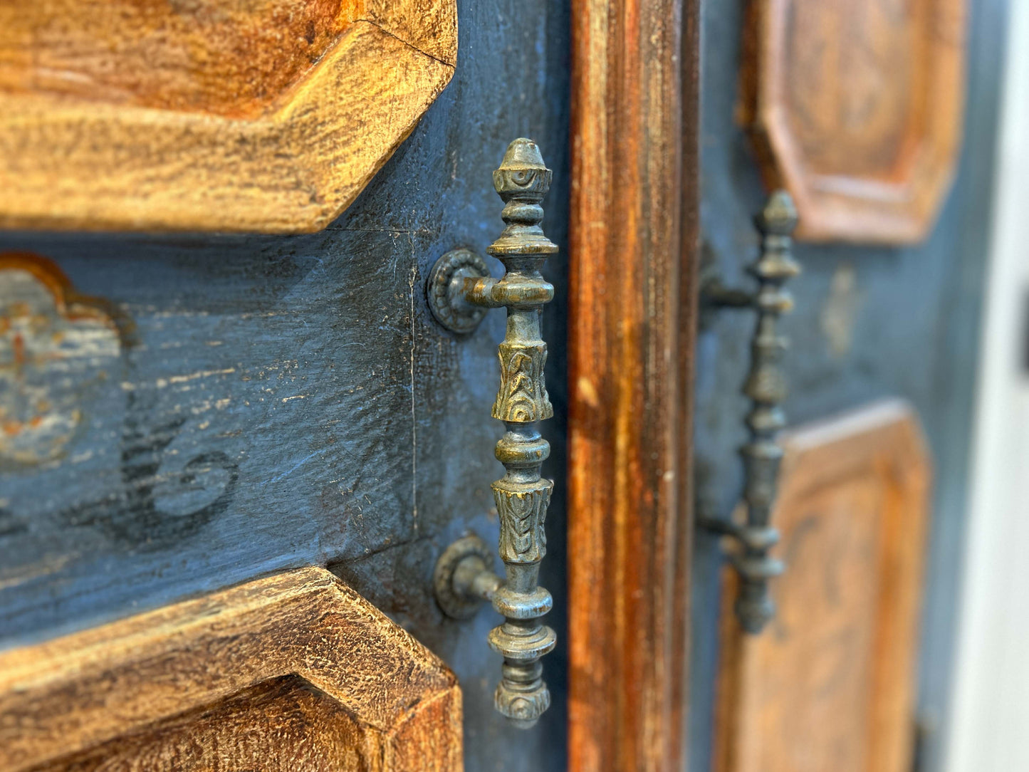 Antique Vintage Hand Painted Plaster On Pine East European Marriage Wardrobe