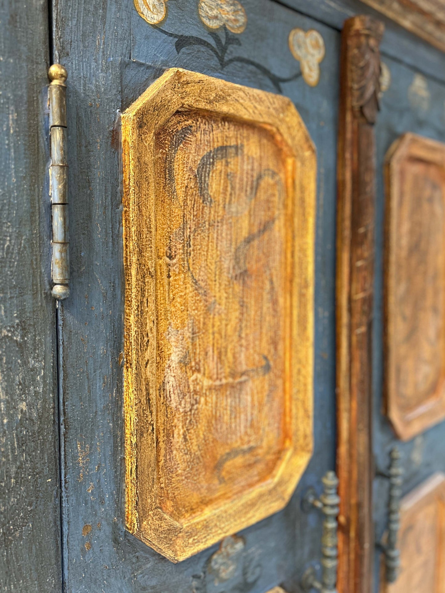 Antique Vintage Hand Painted Plaster On Pine East European Marriage Wardrobe