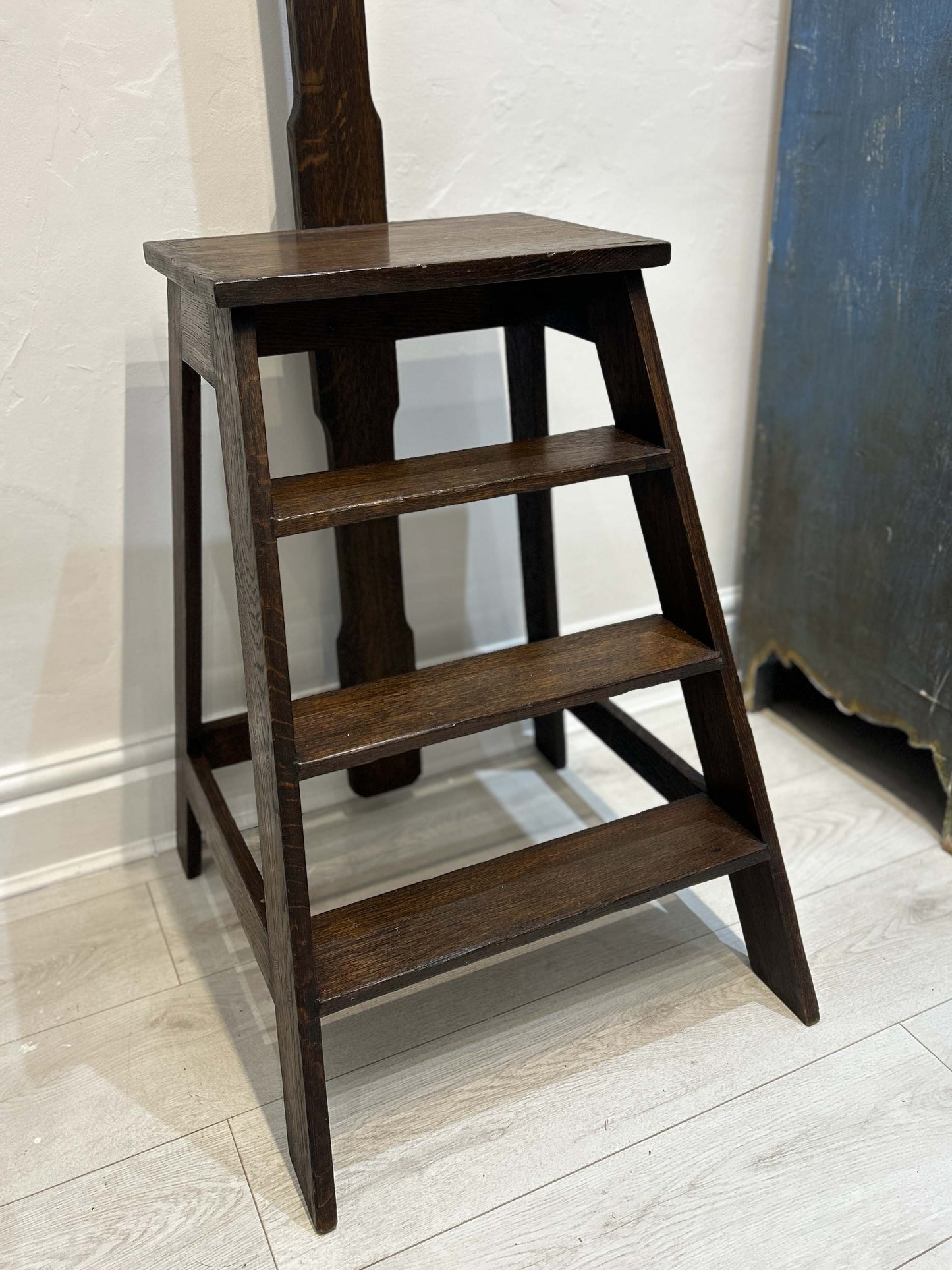 Antique Vintage Oak Library Steps With Hand Rail From Merchant Taylors School, Liverpool