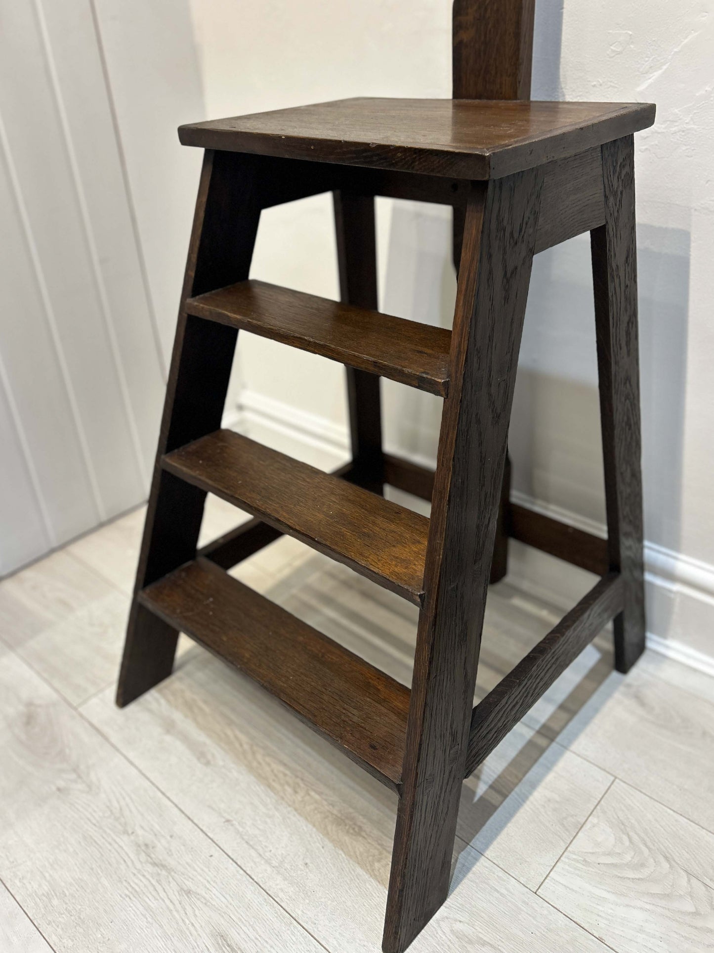 Antique Vintage Oak Library Steps With Hand Rail From Merchant Taylors School, Liverpool