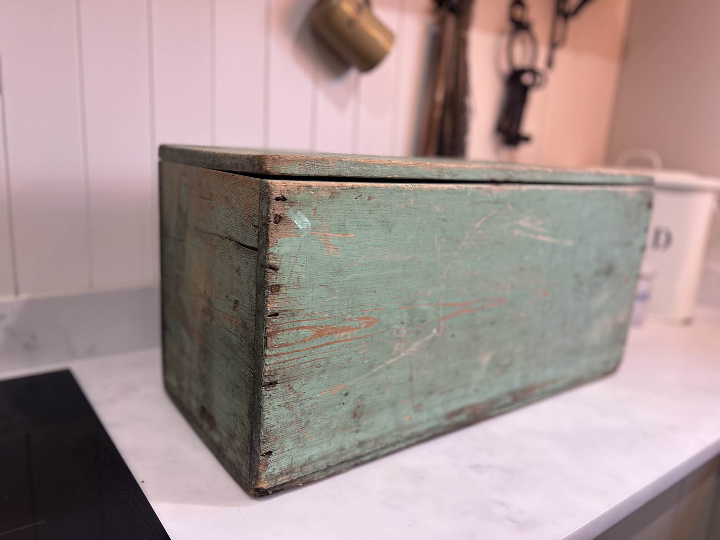 Vintage Green Painted Wooden Blanket Box / Toy Chest