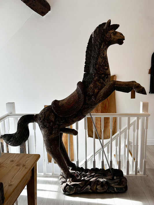 Antique Early 20th-Century Large Rare Hand-Carved Asian Decorative Wooden Horse Sculpture
