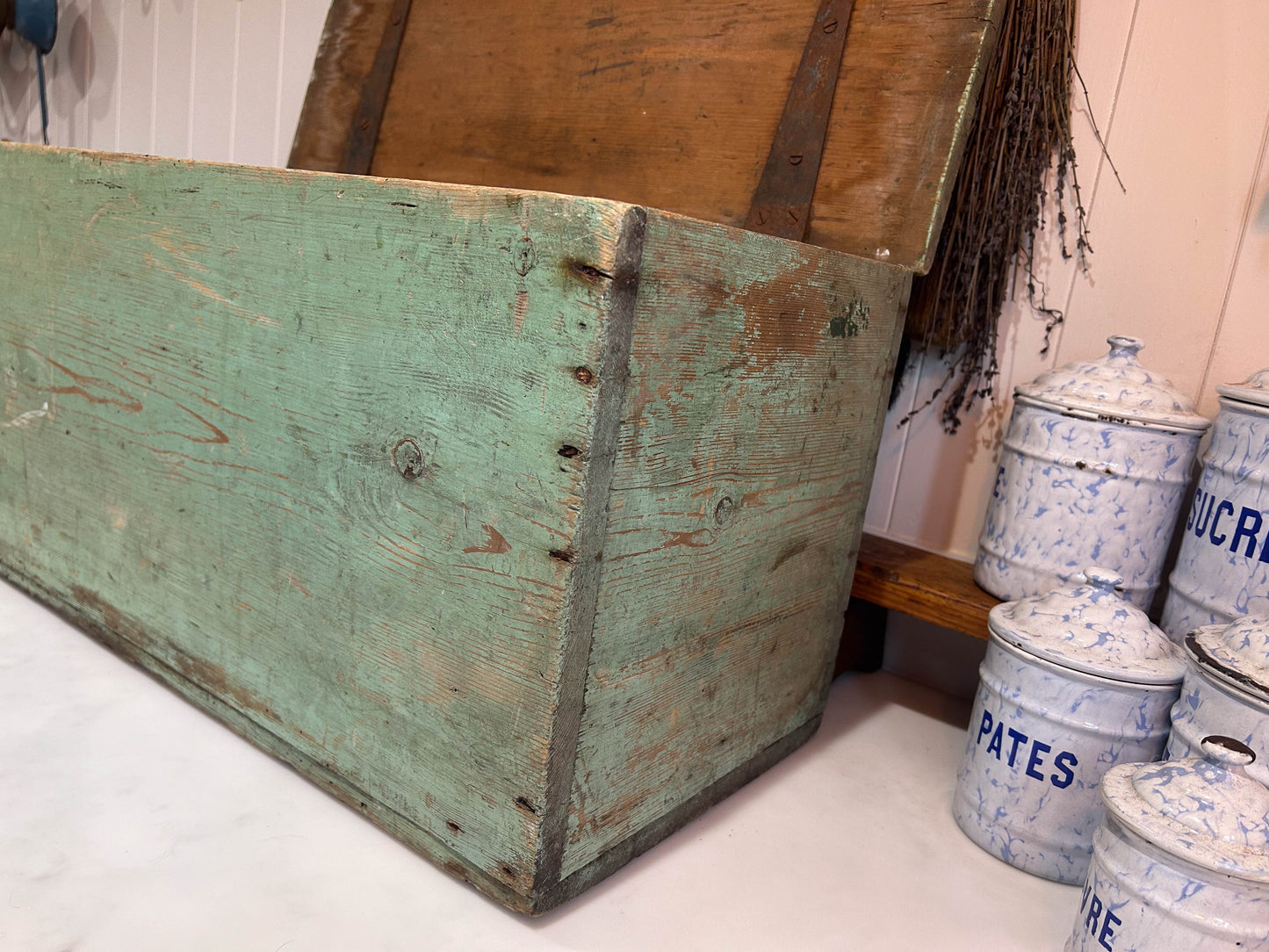 Vintage Green Painted Wooden Blanket Box / Toy Chest