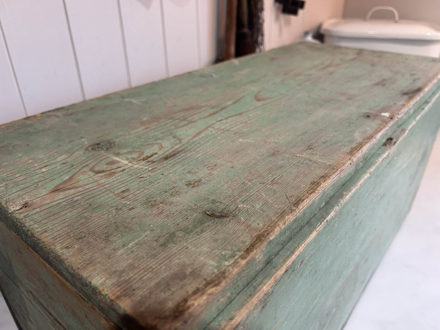 Vintage Green Painted Wooden Blanket Box / Toy Chest