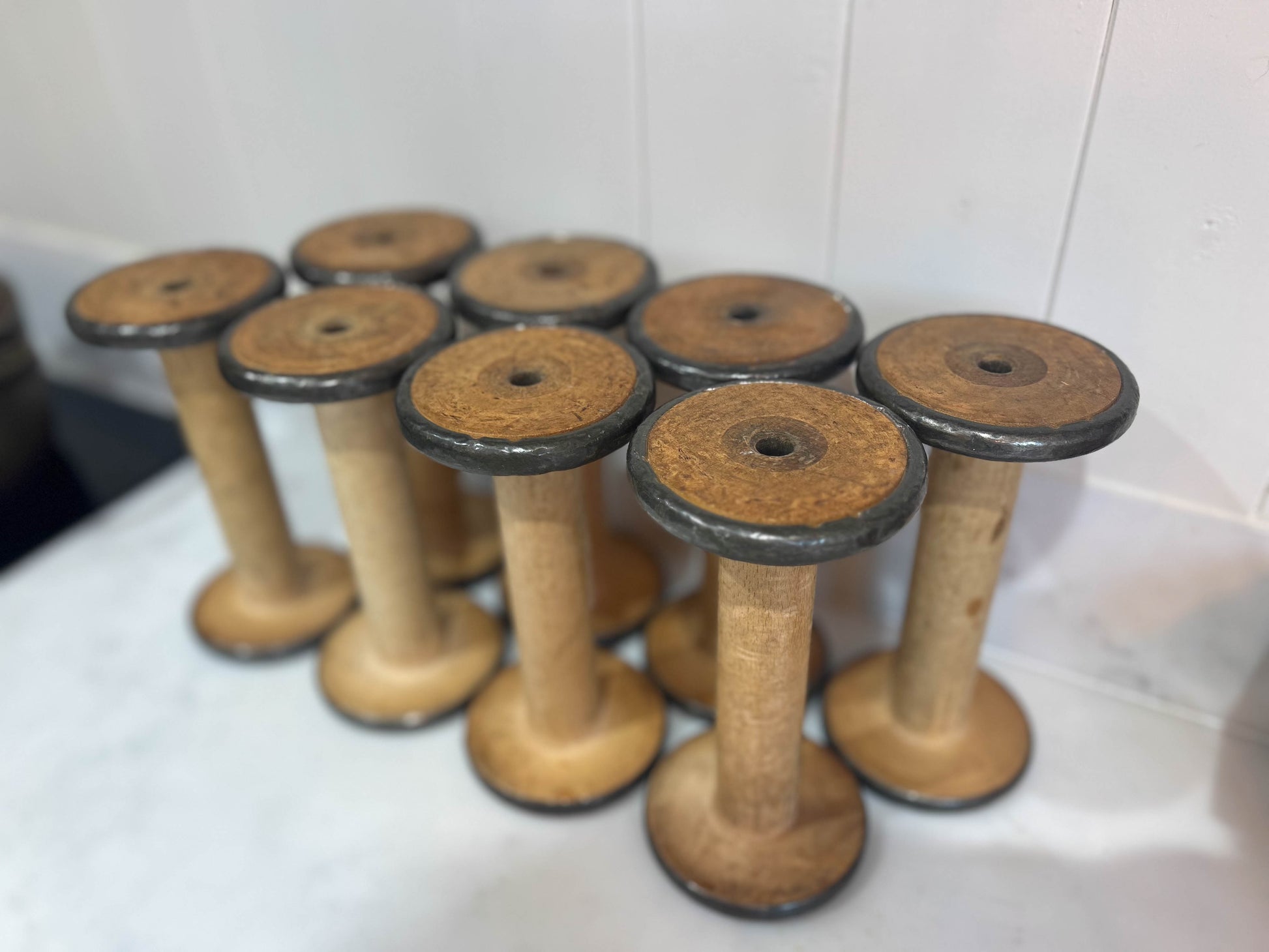 Antique Vintage Wooden Mill Bobbins with Metal Detailing / Industrial Spools