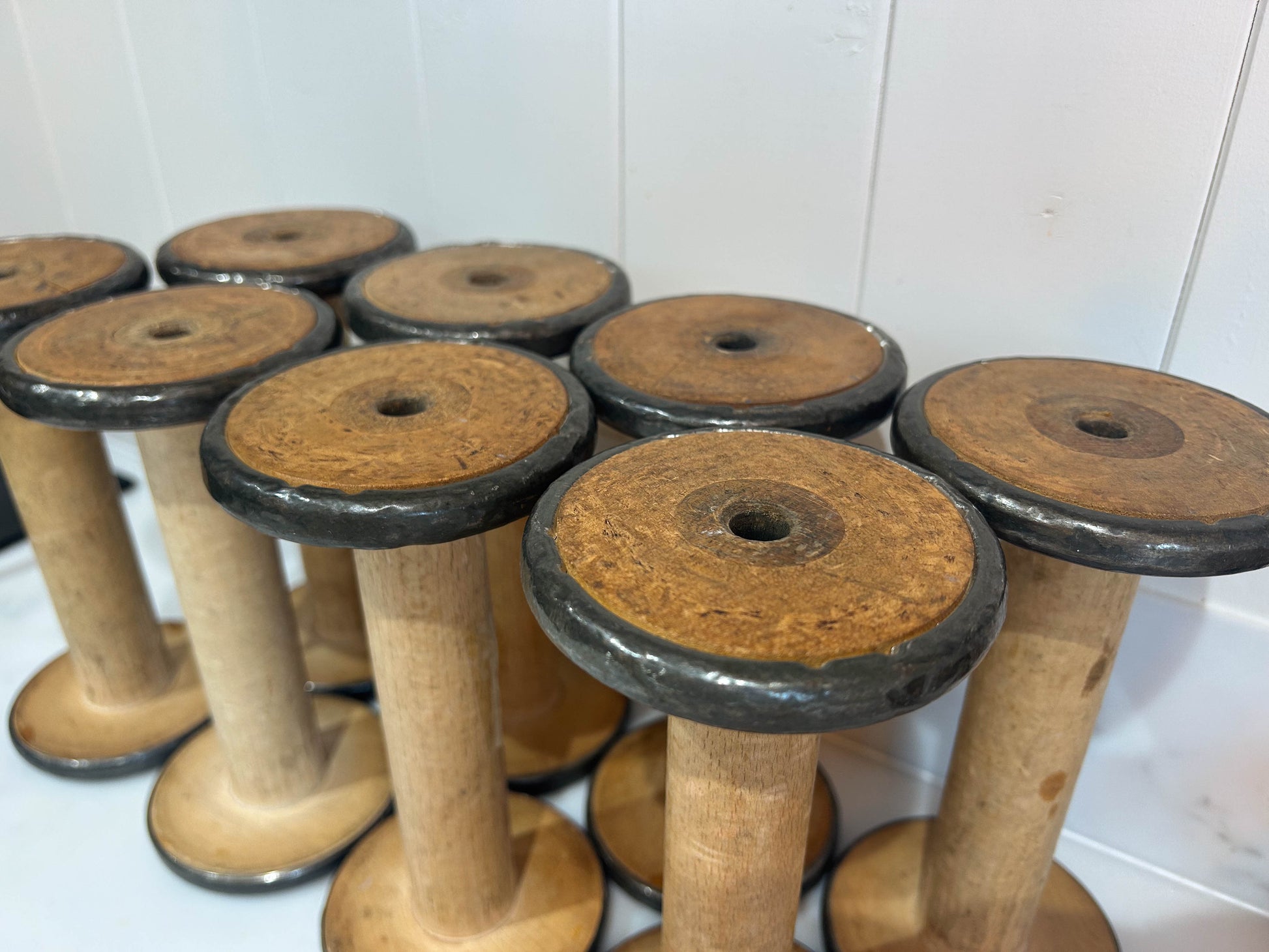 Antique Vintage Wooden Mill Bobbins with Metal Detailing / Industrial Spools